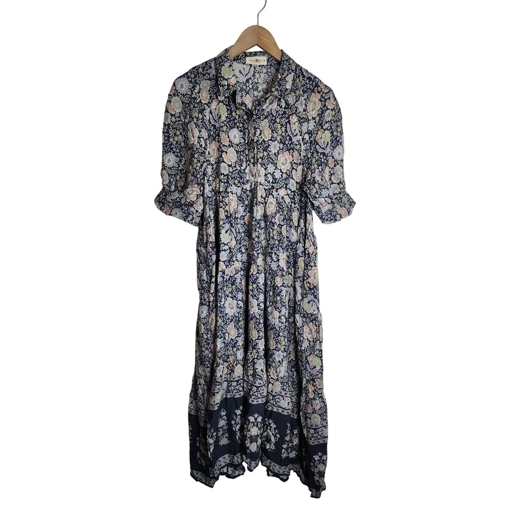 Natural Life Dress Womens M Blue Floral Rayon Boho Tiered Midi Short Sleeve